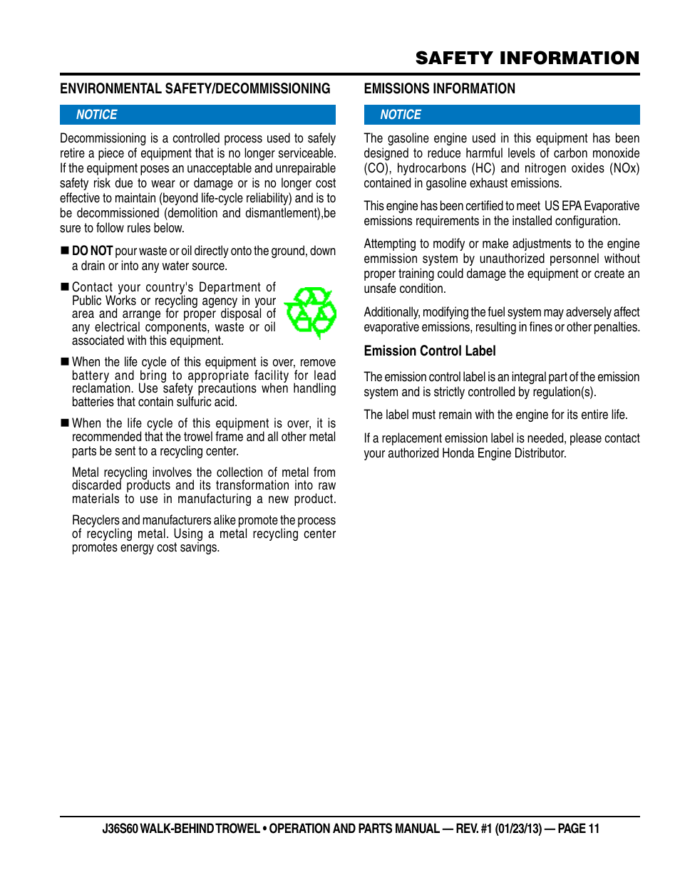 Safety information | Multiquip J36S60 User Manual | Page 11 / 84