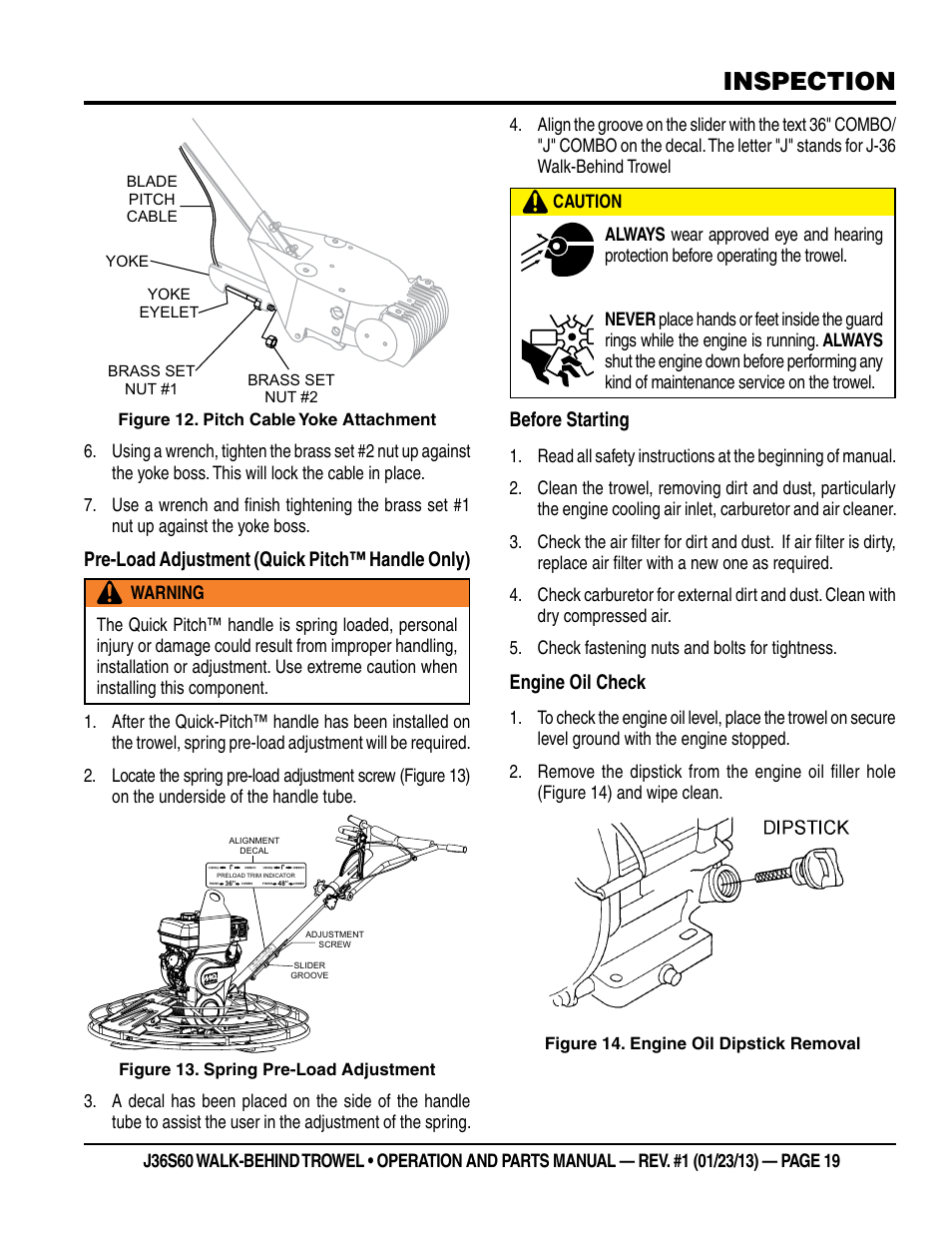 Inspection, Pre-load adjustment (quick pitch™ handle only), Before starting | Engine oil check | Multiquip J36S60 User Manual | Page 19 / 84