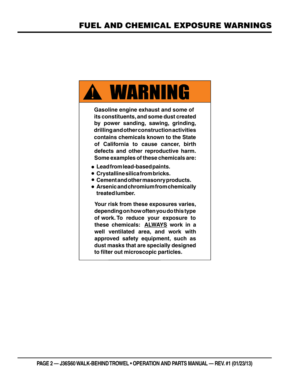 Fuel and chemical exposure warnings | Multiquip J36S60 User Manual | Page 2 / 84