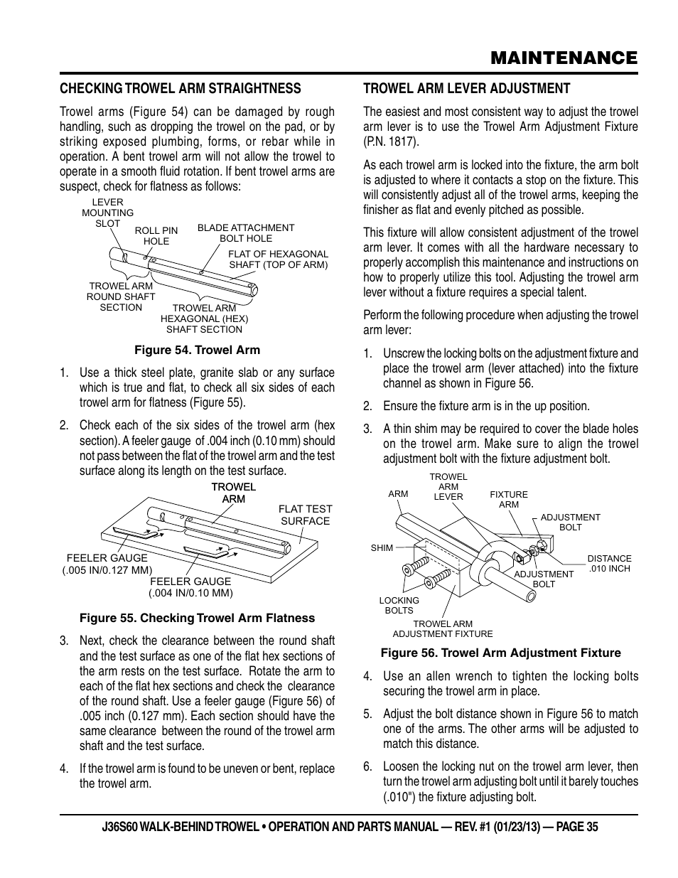 Maintenance, Checking trowel arm straightness, Trowel arm lever adjustment | Multiquip J36S60 User Manual | Page 35 / 84