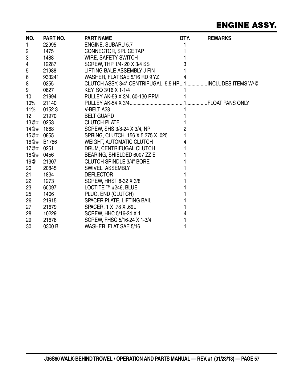 Engine assy | Multiquip J36S60 User Manual | Page 57 / 84