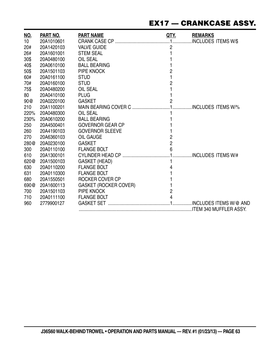 Ex17 — crankcase assy | Multiquip J36S60 User Manual | Page 63 / 84