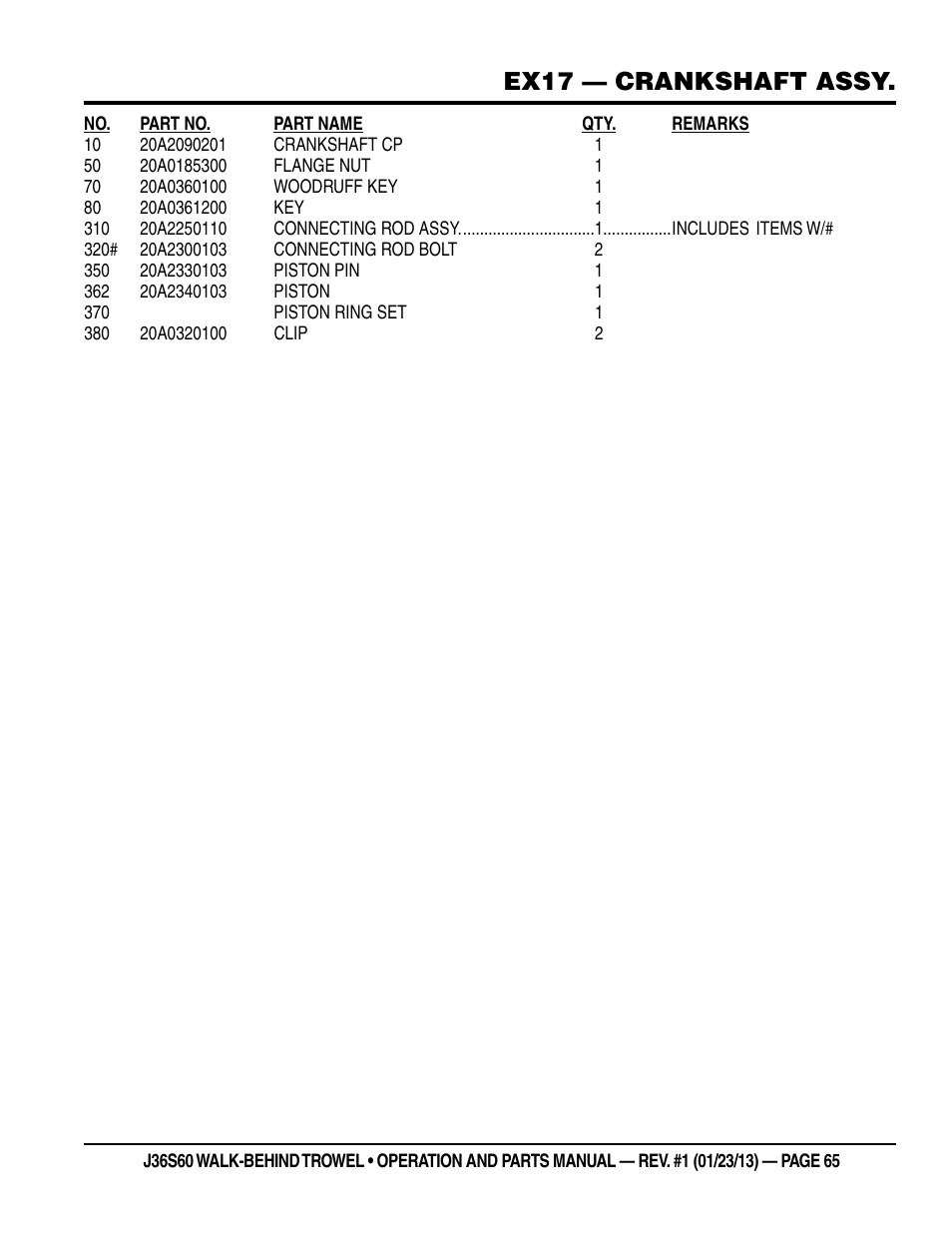 Ex17 — crankshaft assy | Multiquip J36S60 User Manual | Page 65 / 84