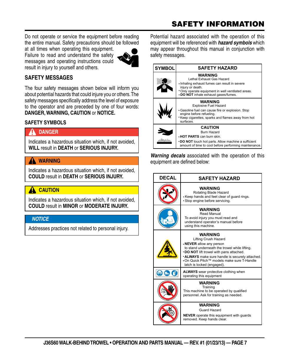 Safety information, Safety messages | Multiquip J36S60 User Manual | Page 7 / 84