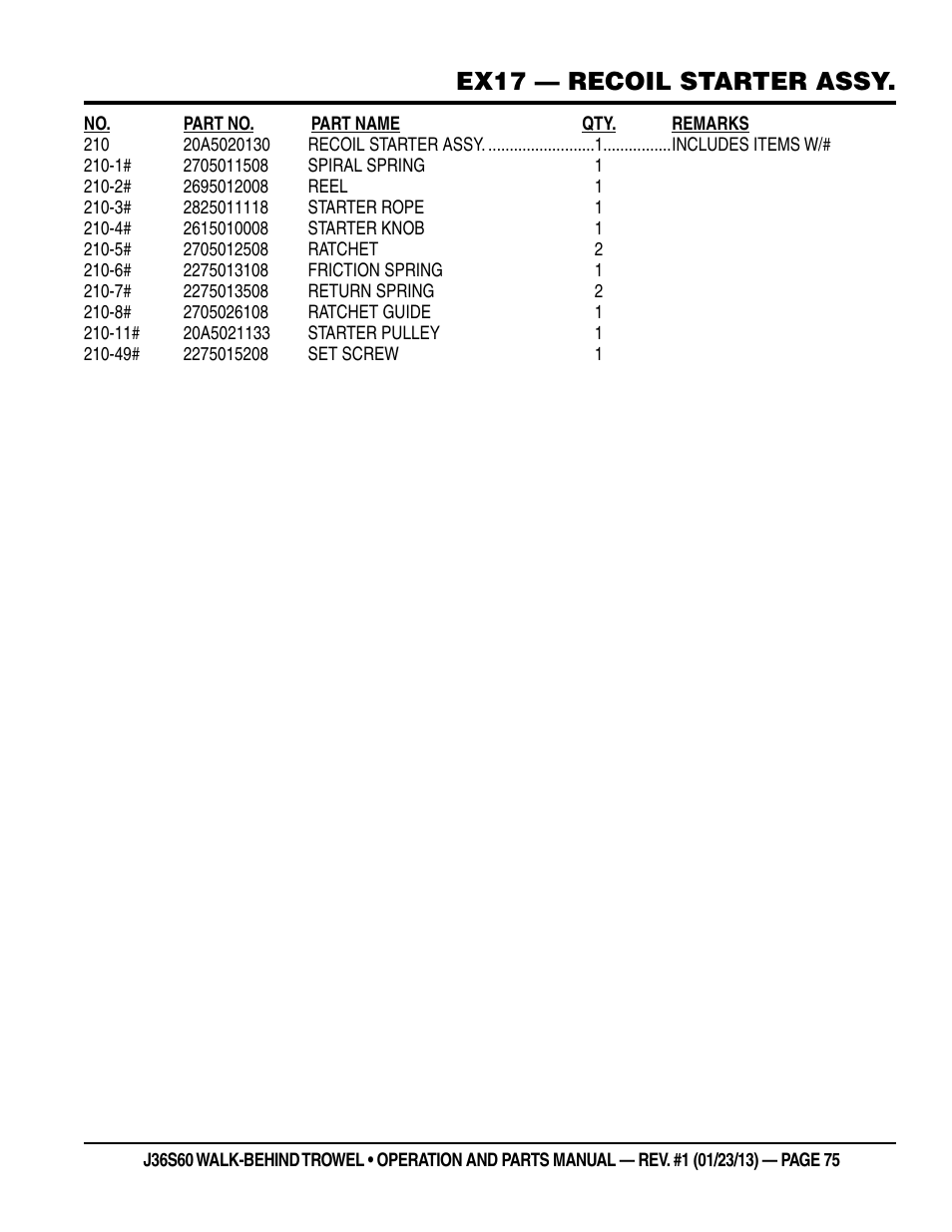 Ex17 — recoil starter assy | Multiquip J36S60 User Manual | Page 75 / 84