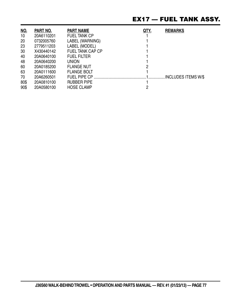 Ex17 — fuel tank assy | Multiquip J36S60 User Manual | Page 77 / 84