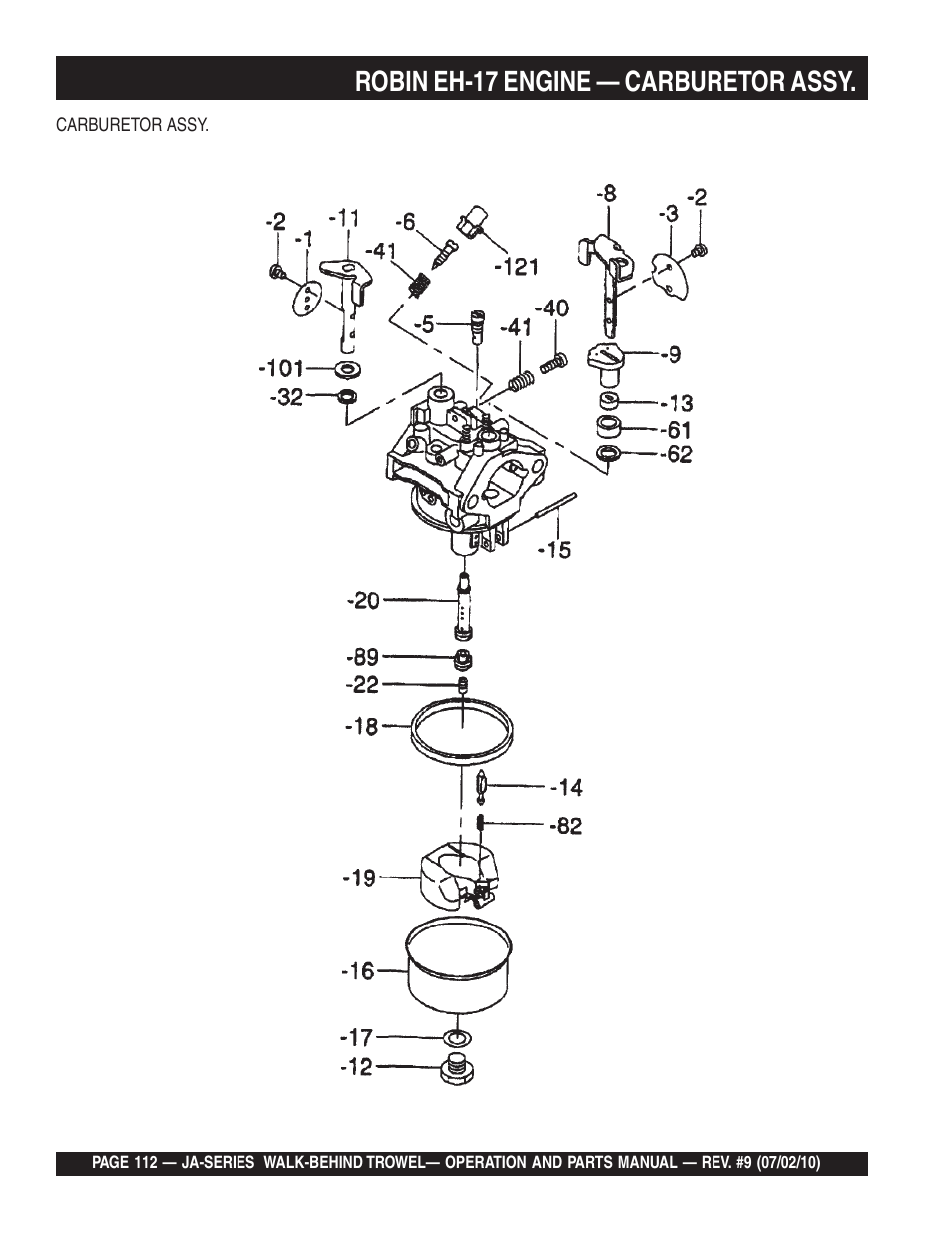 Robin eh-17 engine — carburetor assy | Multiquip JA-SERIES User Manual | Page 112 / 120