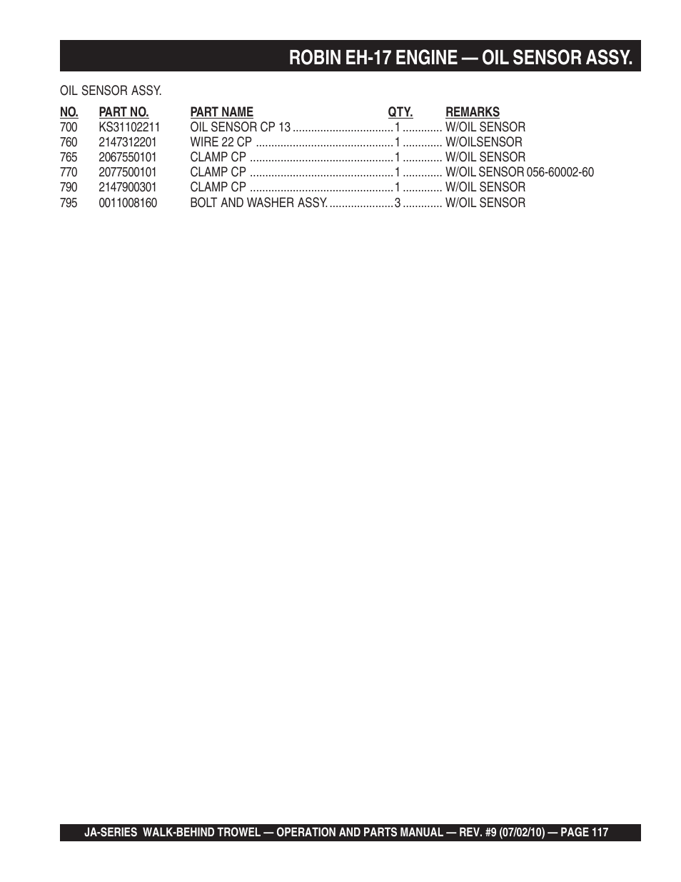Robin eh-17 engine — oil sensor assy | Multiquip JA-SERIES User Manual | Page 117 / 120