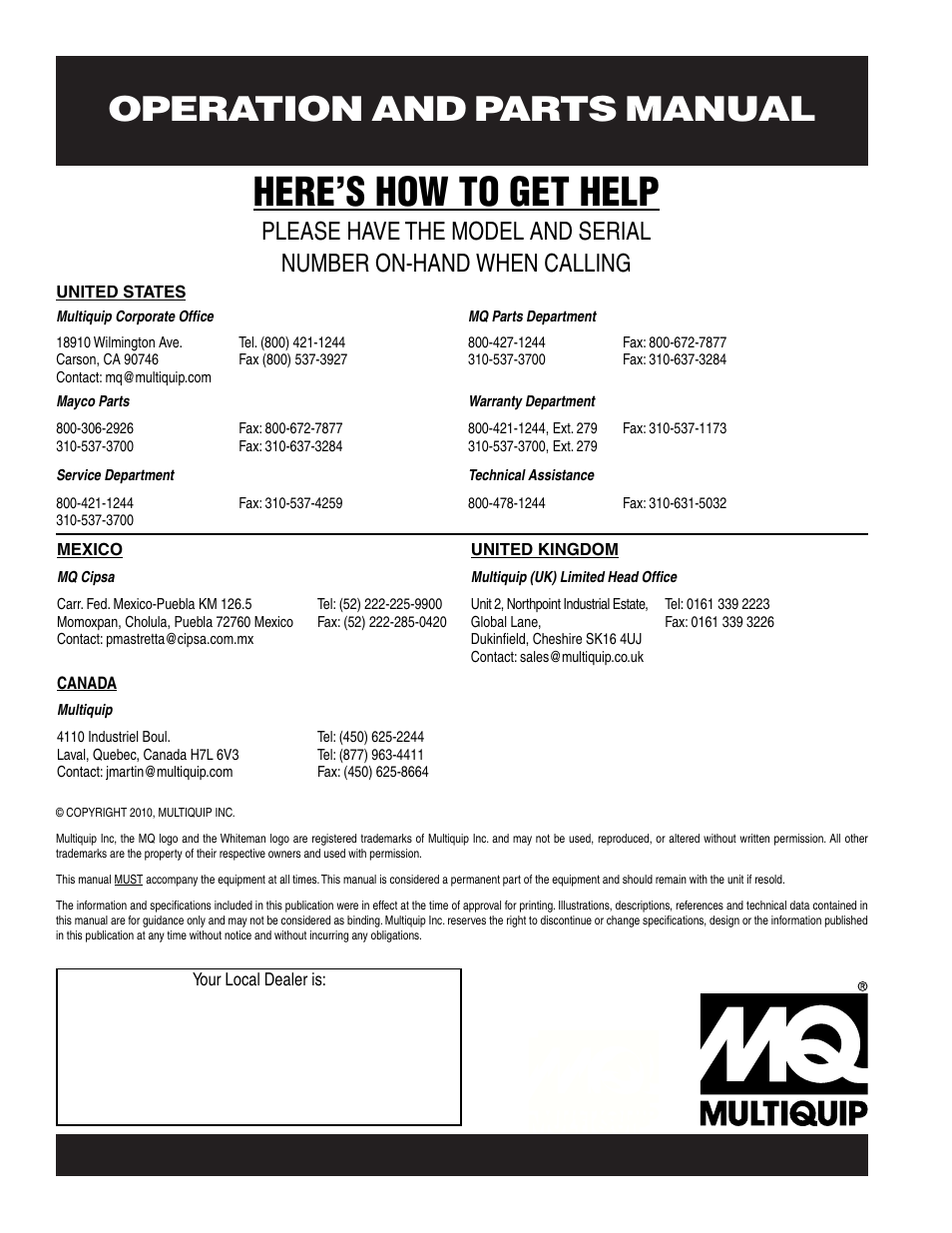 Here’s how to get help, Operation and parts manual | Multiquip JA-SERIES User Manual | Page 120 / 120
