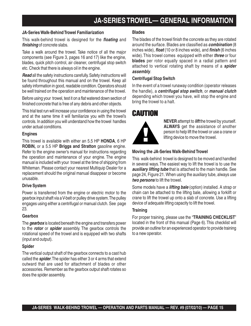 Ja-series trowel— general information, Caution | Multiquip JA-SERIES User Manual | Page 15 / 120