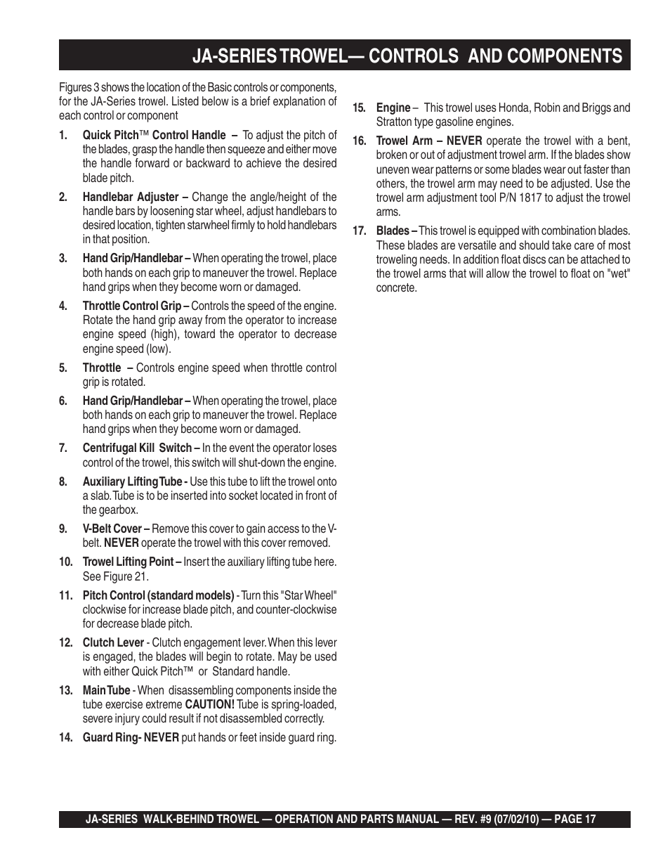 Ja-series trowel— controls and components | Multiquip JA-SERIES User Manual | Page 17 / 120