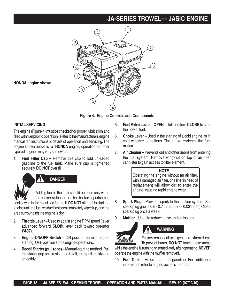 Ja-series trowel— jasic engine | Multiquip JA-SERIES User Manual | Page 18 / 120