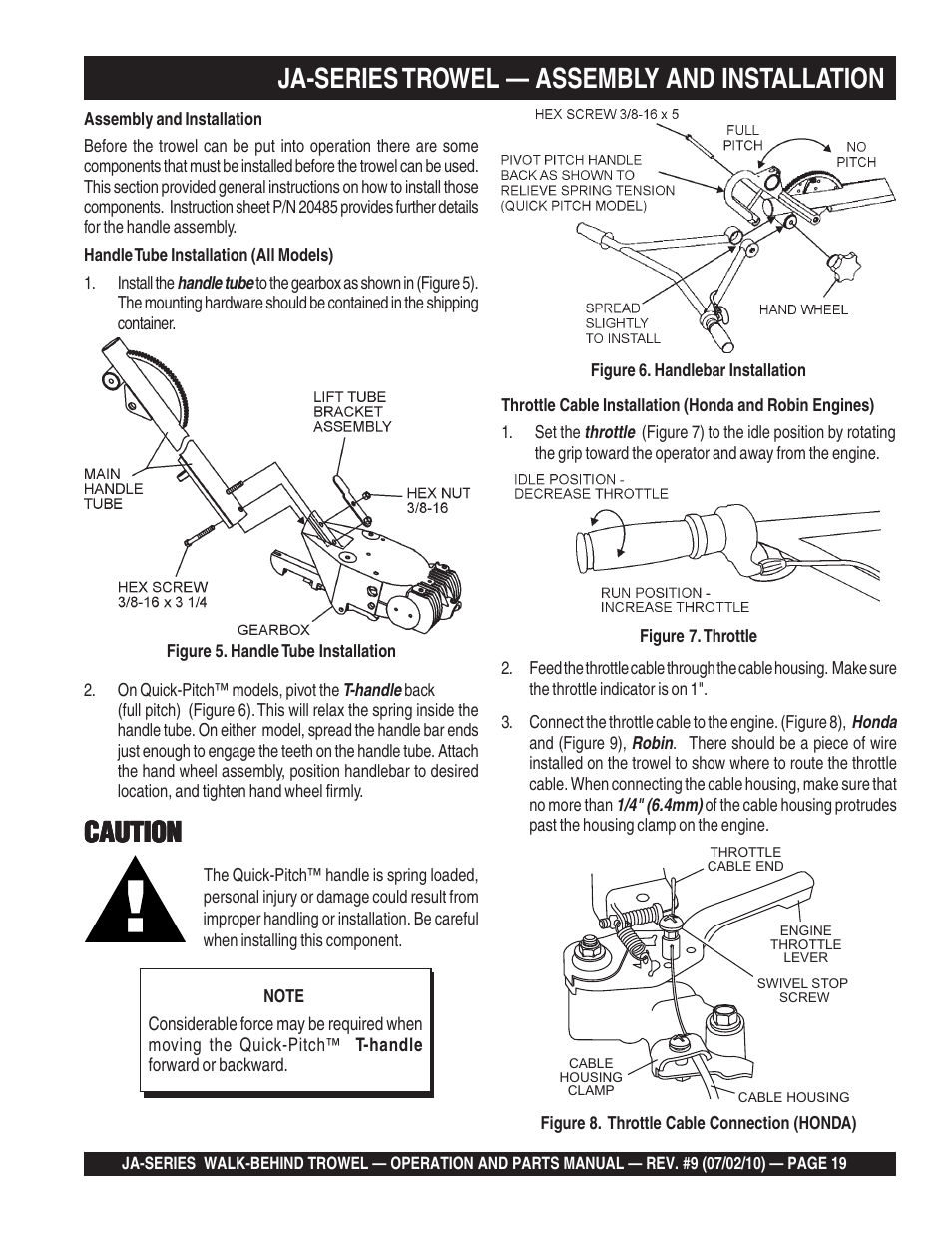 Ja-series trowel — assembly and installation, Caution | Multiquip JA-SERIES User Manual | Page 19 / 120