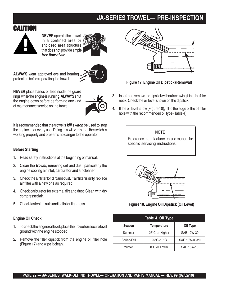 Caution, Ja-series trowel— pre-inspection | Multiquip JA-SERIES User Manual | Page 22 / 120