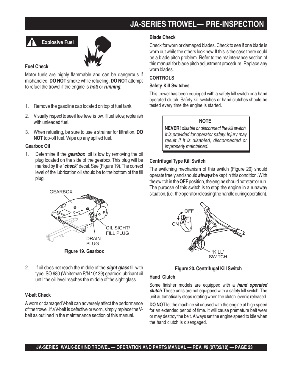 Ja-series trowel— pre-inspection | Multiquip JA-SERIES User Manual | Page 23 / 120