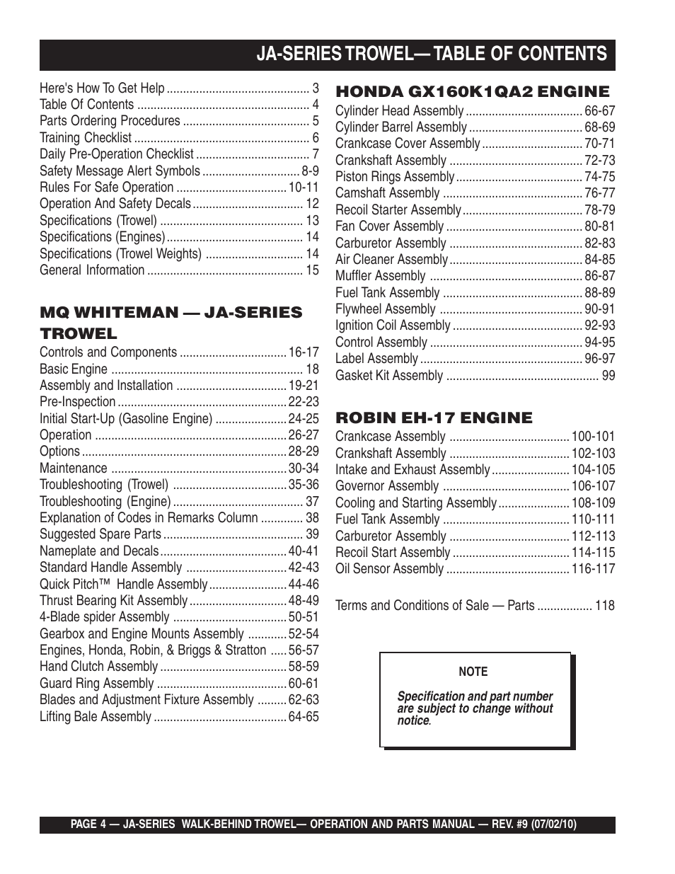 Ja-series trowel— table of contents | Multiquip JA-SERIES User Manual | Page 4 / 120