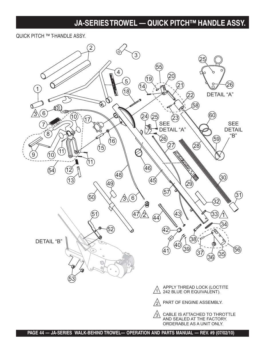 Ja-series trowel — quick pitch™ handle assy | Multiquip JA-SERIES User Manual | Page 44 / 120