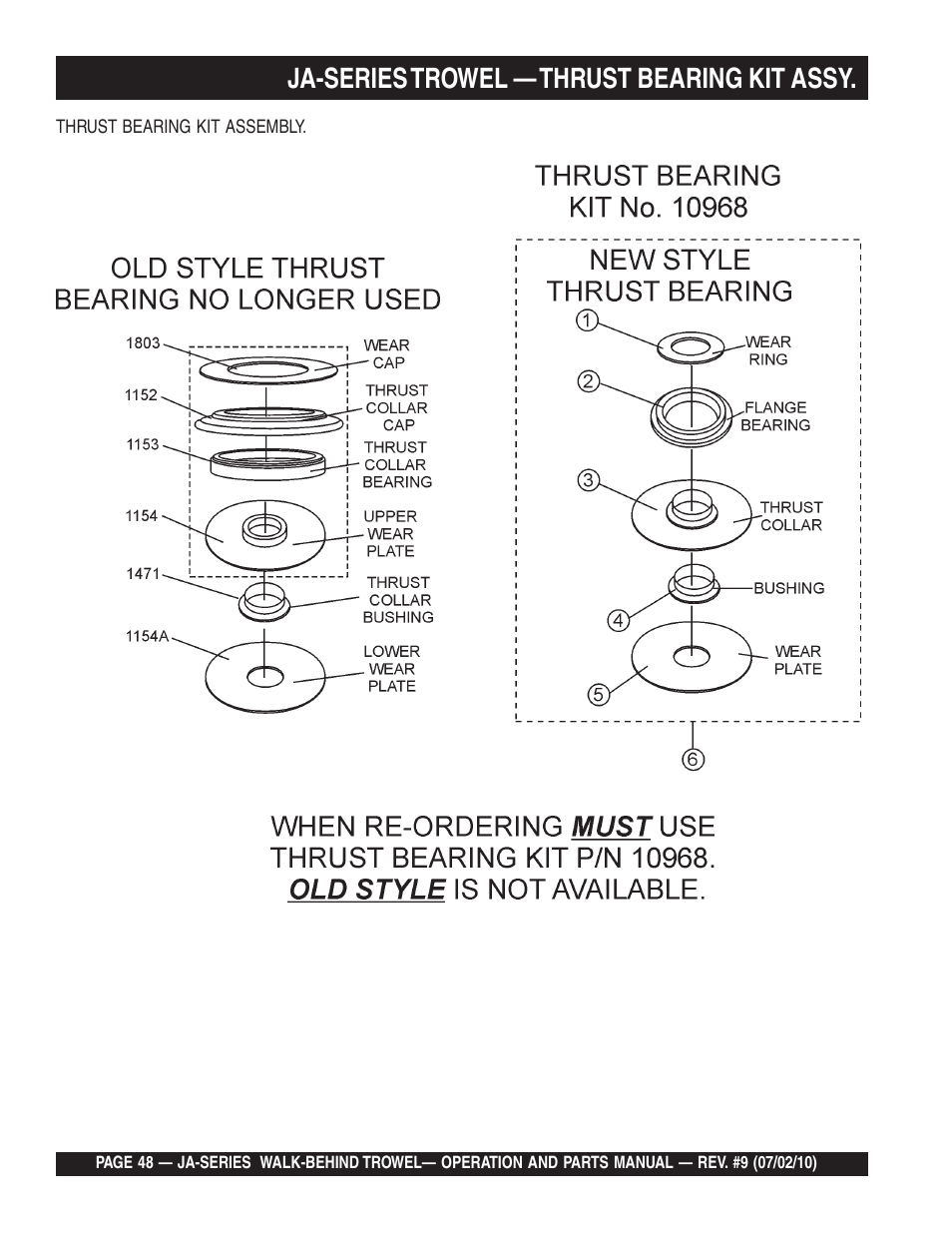 Ja-series trowel — thrust bearing kit assy | Multiquip JA-SERIES User Manual | Page 48 / 120