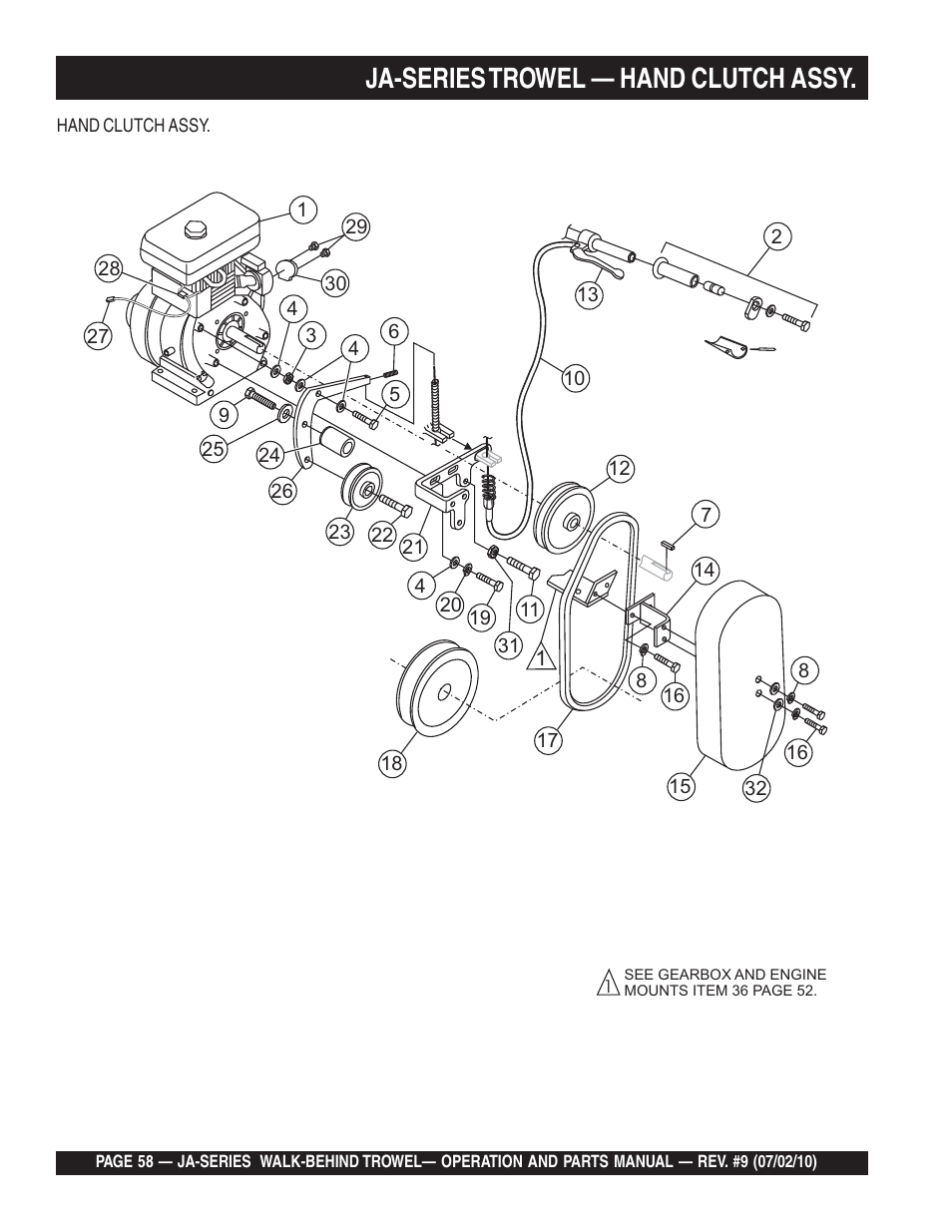 Ja-series trowel — hand clutch assy | Multiquip JA-SERIES User Manual | Page 58 / 120