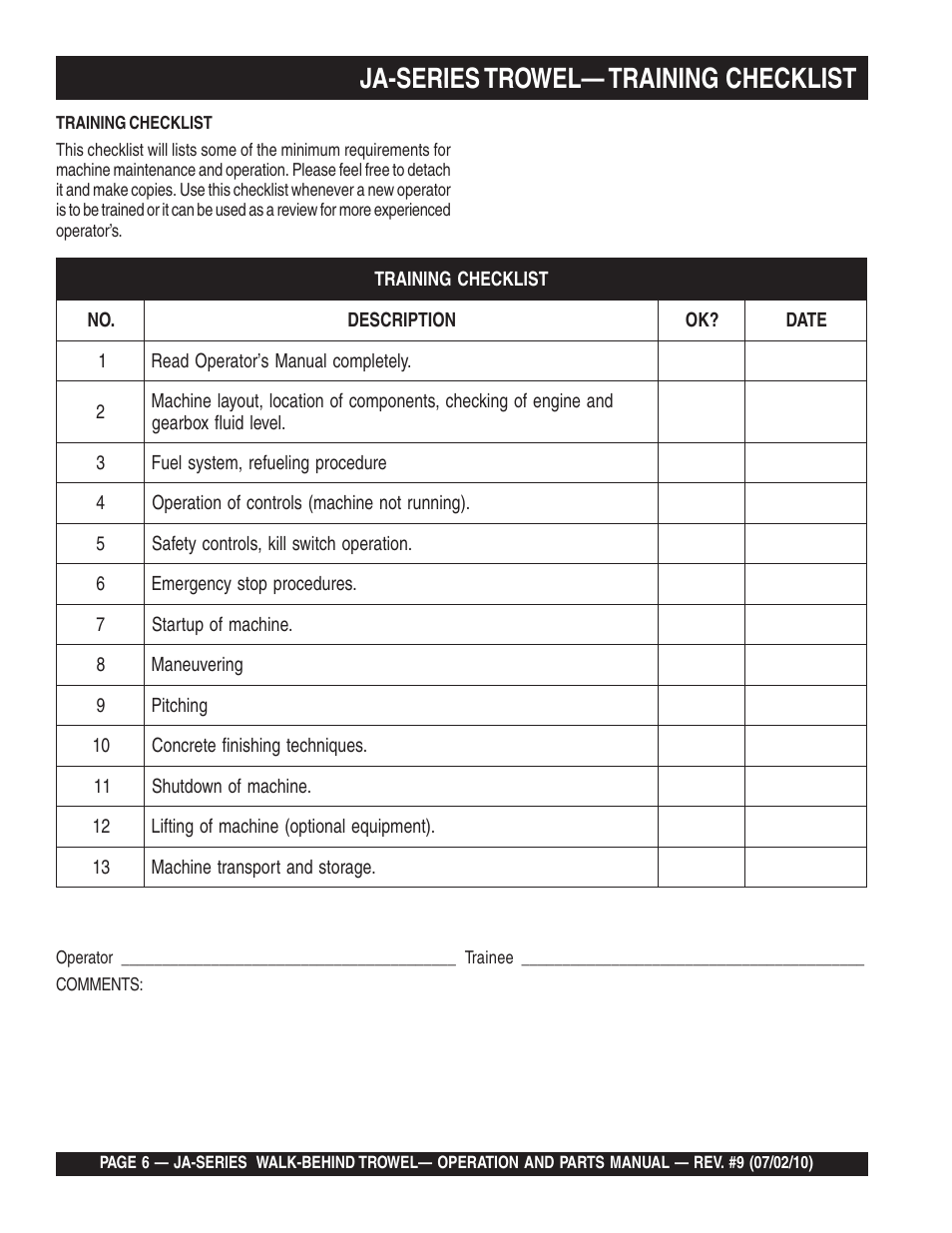 Ja-series trowel— training checklist | Multiquip JA-SERIES User Manual | Page 6 / 120