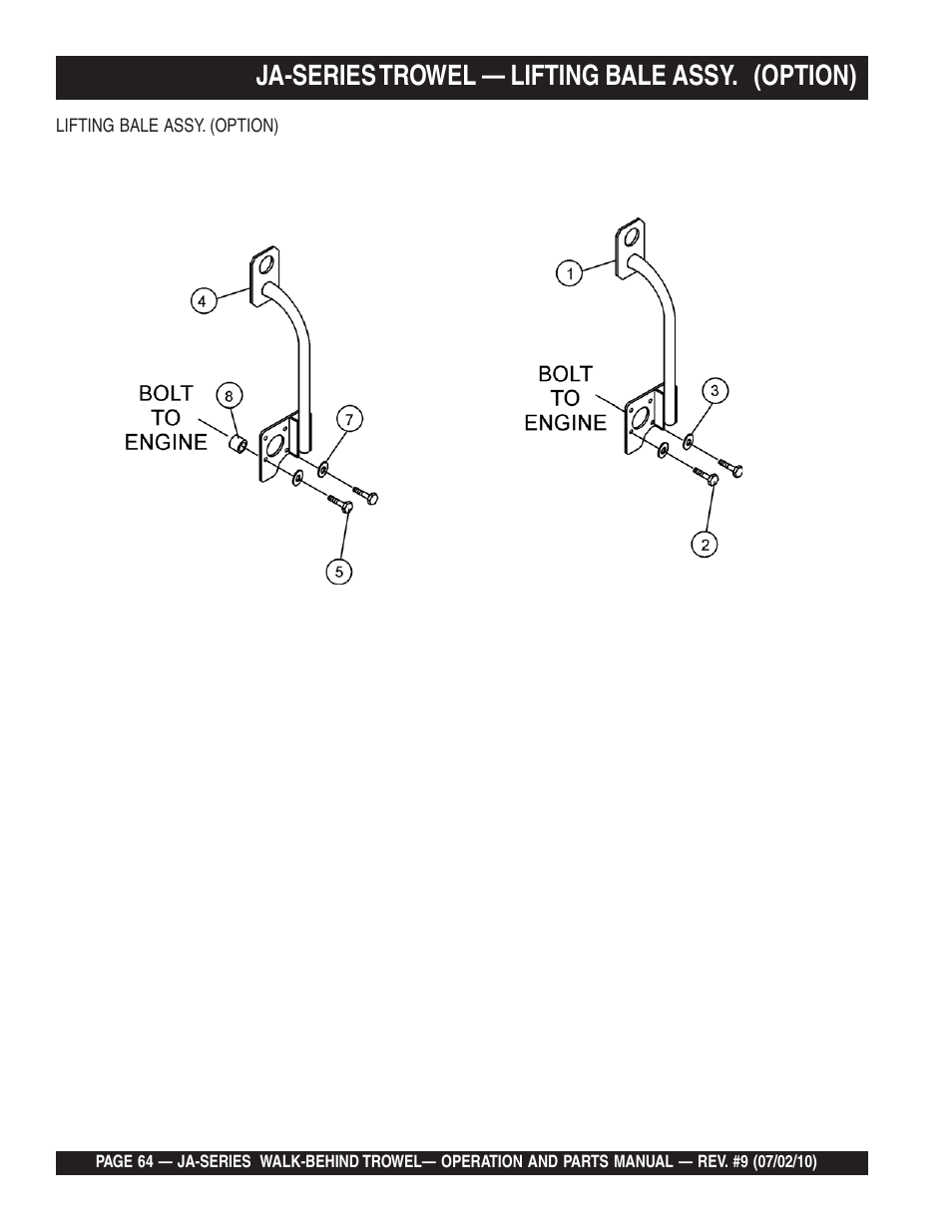 Ja-series trowel — lifting bale assy. (option) | Multiquip JA-SERIES User Manual | Page 64 / 120