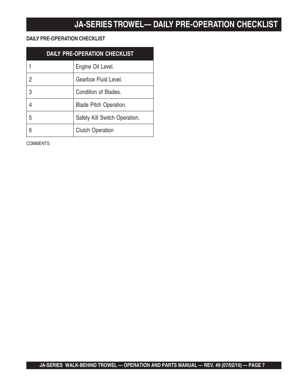 Ja-series trowel— daily pre-operation checklist | Multiquip JA-SERIES User Manual | Page 7 / 120