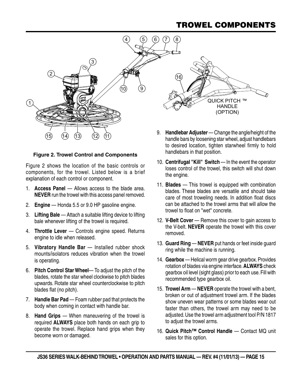 Trowel components | Multiquip JS36LE User Manual | Page 15 / 66