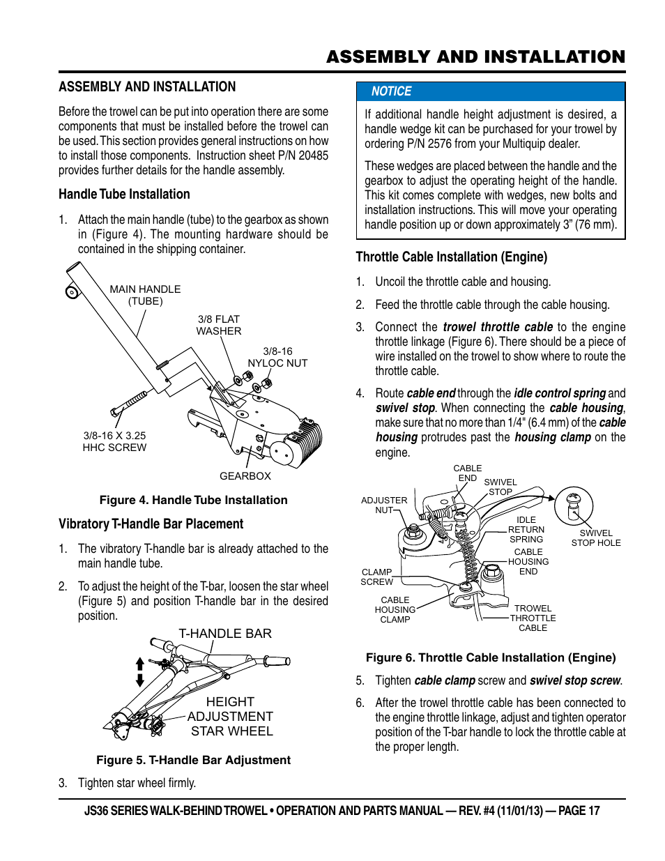 Assembly and installation, Handle tube installation, Vibratory t-handle bar placement | Throttle cable installation (engine) | Multiquip JS36LE User Manual | Page 17 / 66