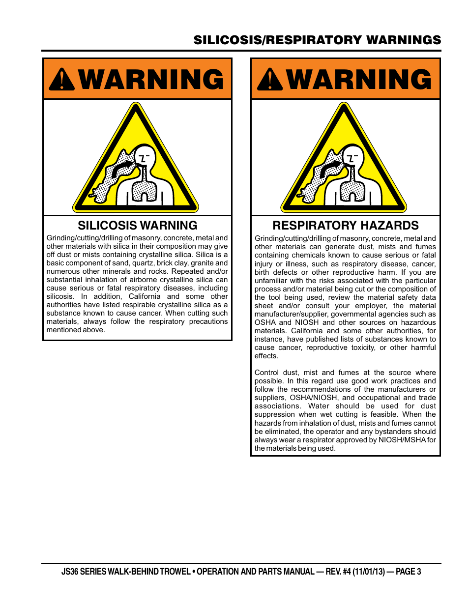 Warning | Multiquip JS36LE User Manual | Page 3 / 66