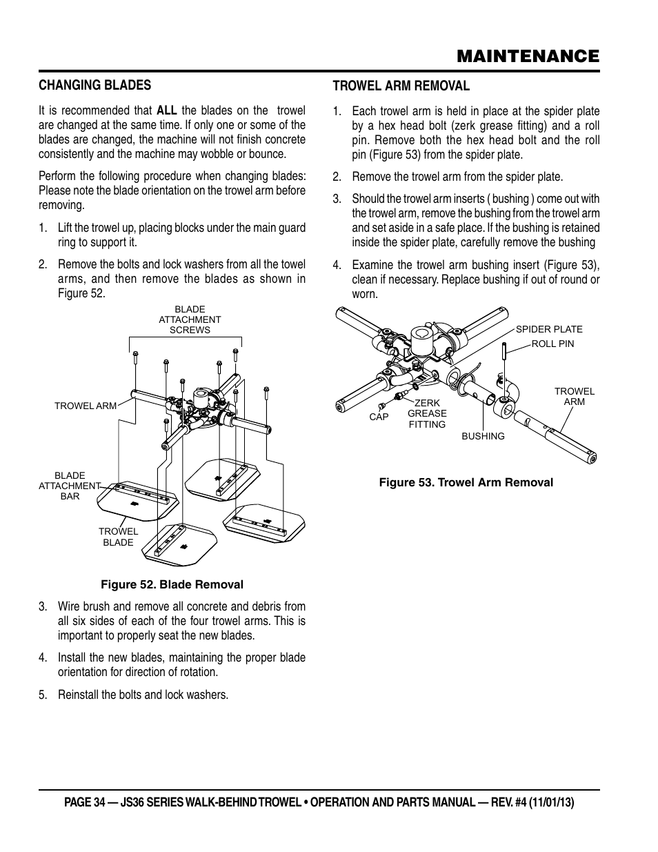 Maintenance, Changing blades, Trowel arm removal | Multiquip JS36LE User Manual | Page 34 / 66