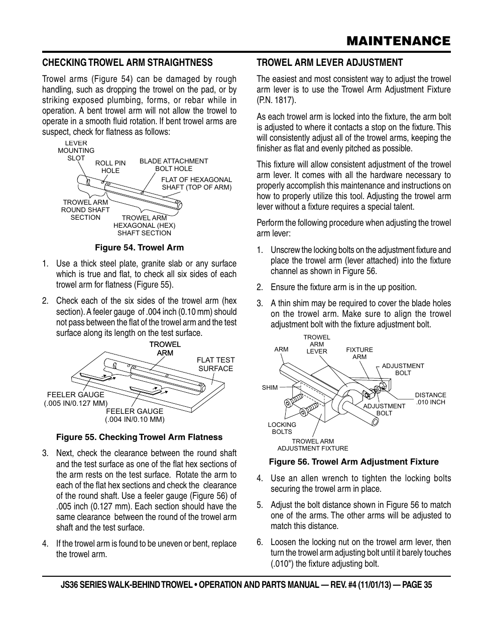 Maintenance, Checking trowel arm straightness, Trowel arm lever adjustment | Multiquip JS36LE User Manual | Page 35 / 66