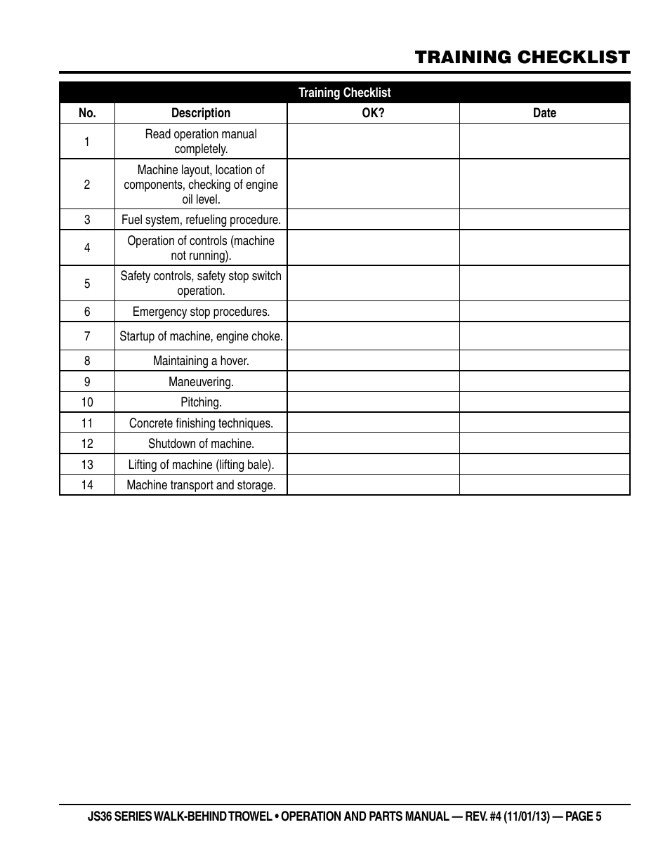 Training checklist | Multiquip JS36LE User Manual | Page 5 / 66