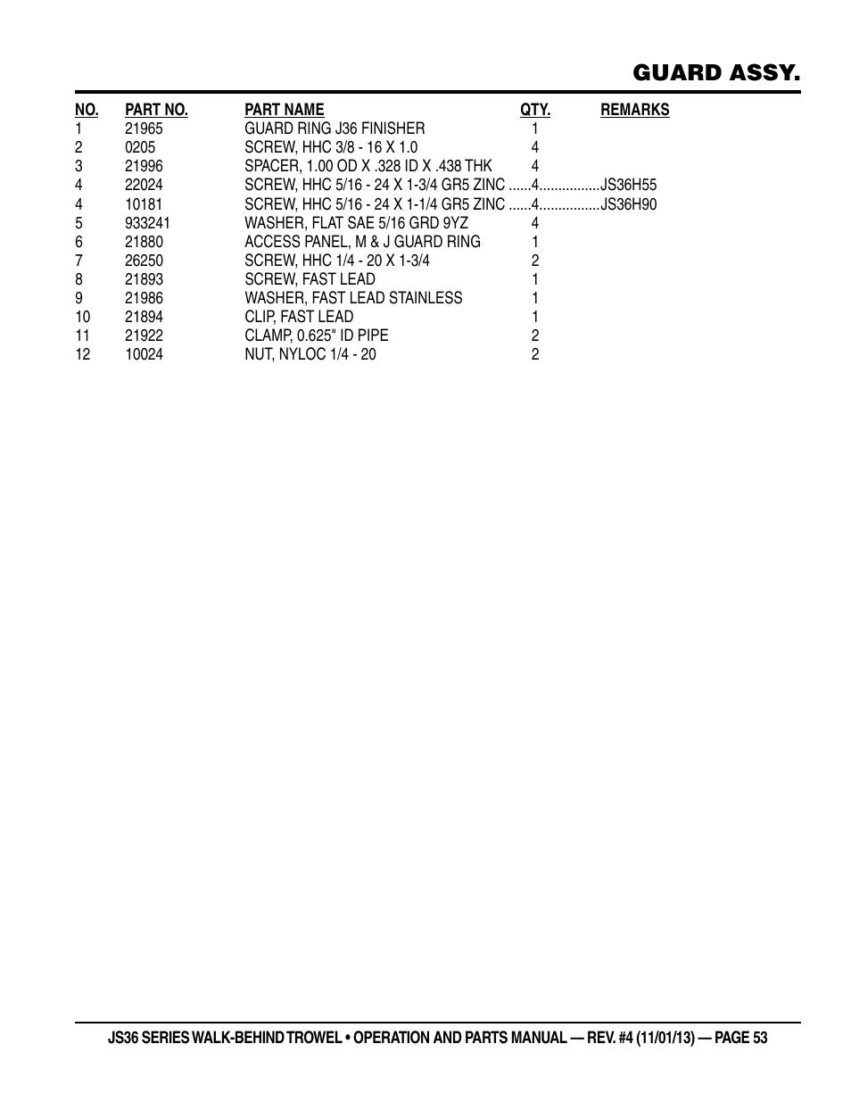Guard assy | Multiquip JS36LE User Manual | Page 53 / 66