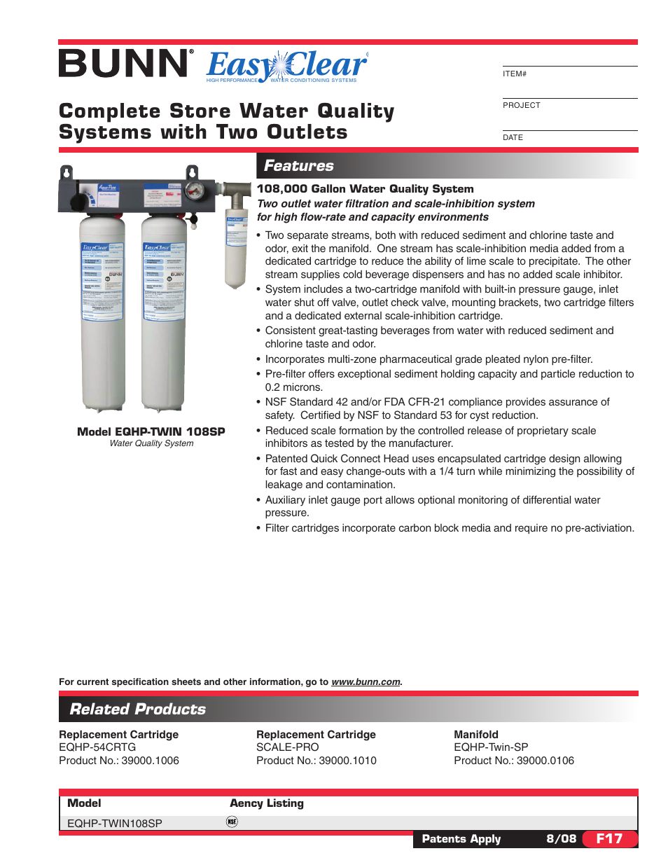 Bunn Water Quality System EQHP-TWIN 108SP User Manual | 2 pages