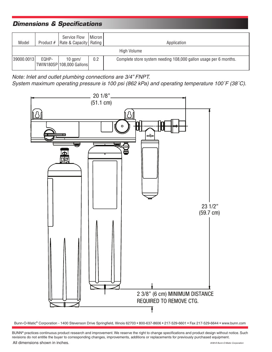 Dimensions & specifications | Bunn Water Quality System EQHP-TWIN 108SP User Manual | Page 2 / 2