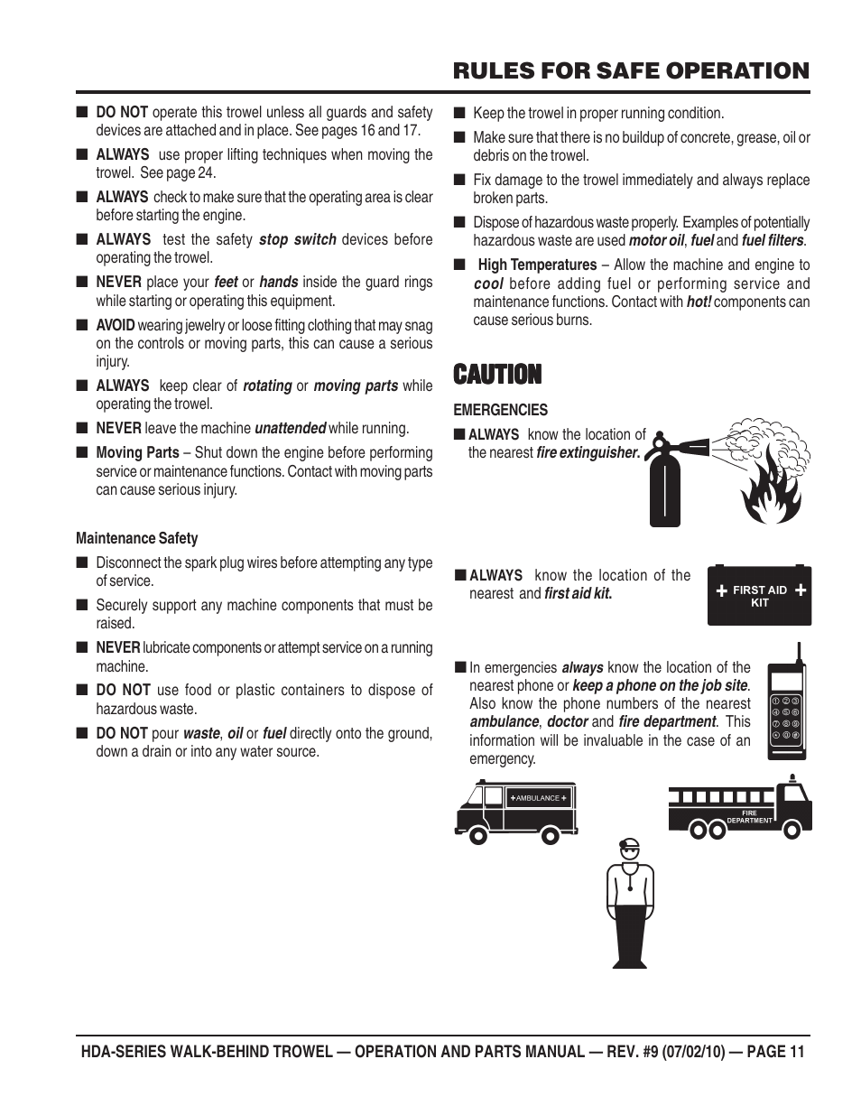 Caution, Rules for safe operation | Multiquip HDA-SERIES User Manual | Page 11 / 138