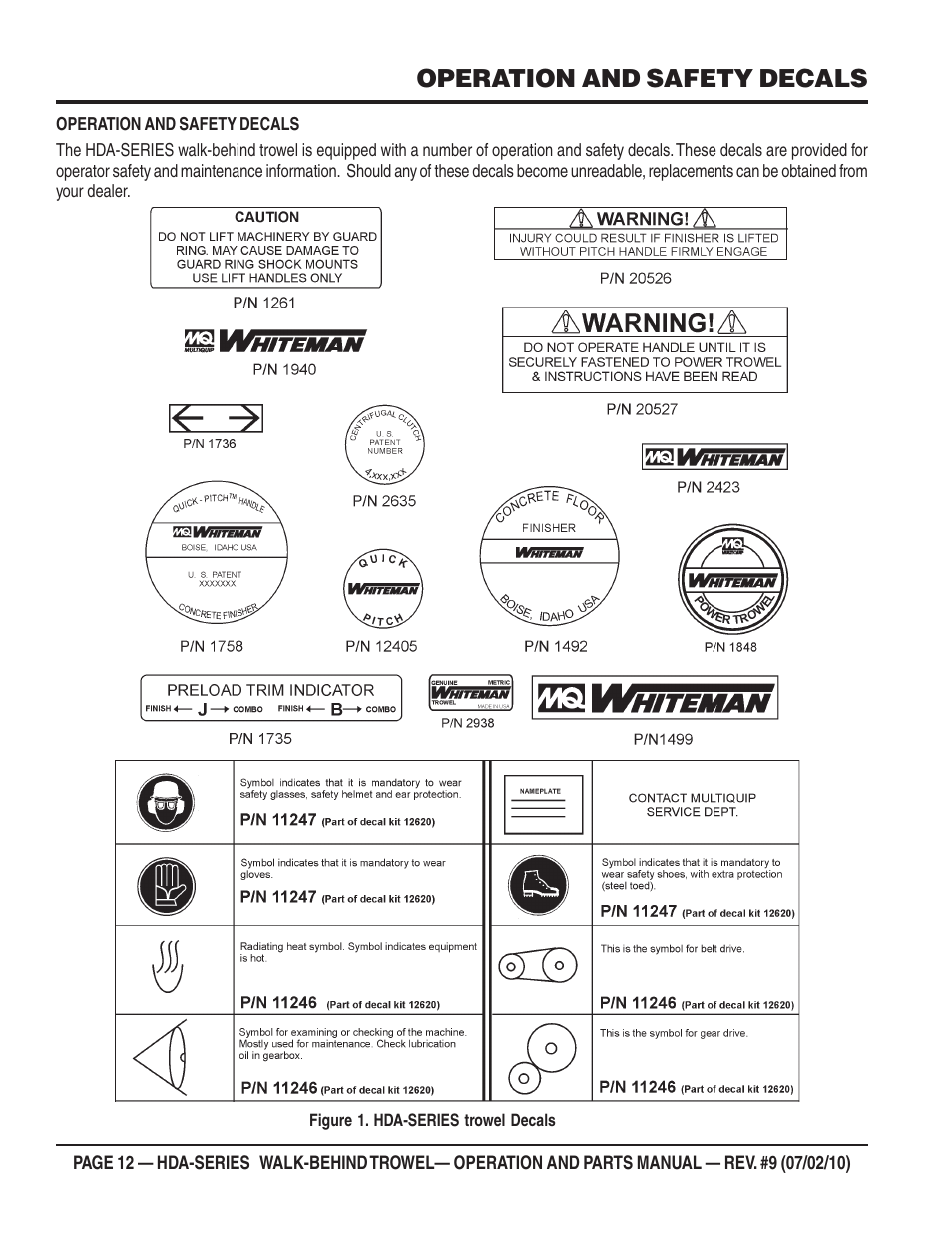 Operation and safety decals | Multiquip HDA-SERIES User Manual | Page 12 / 138