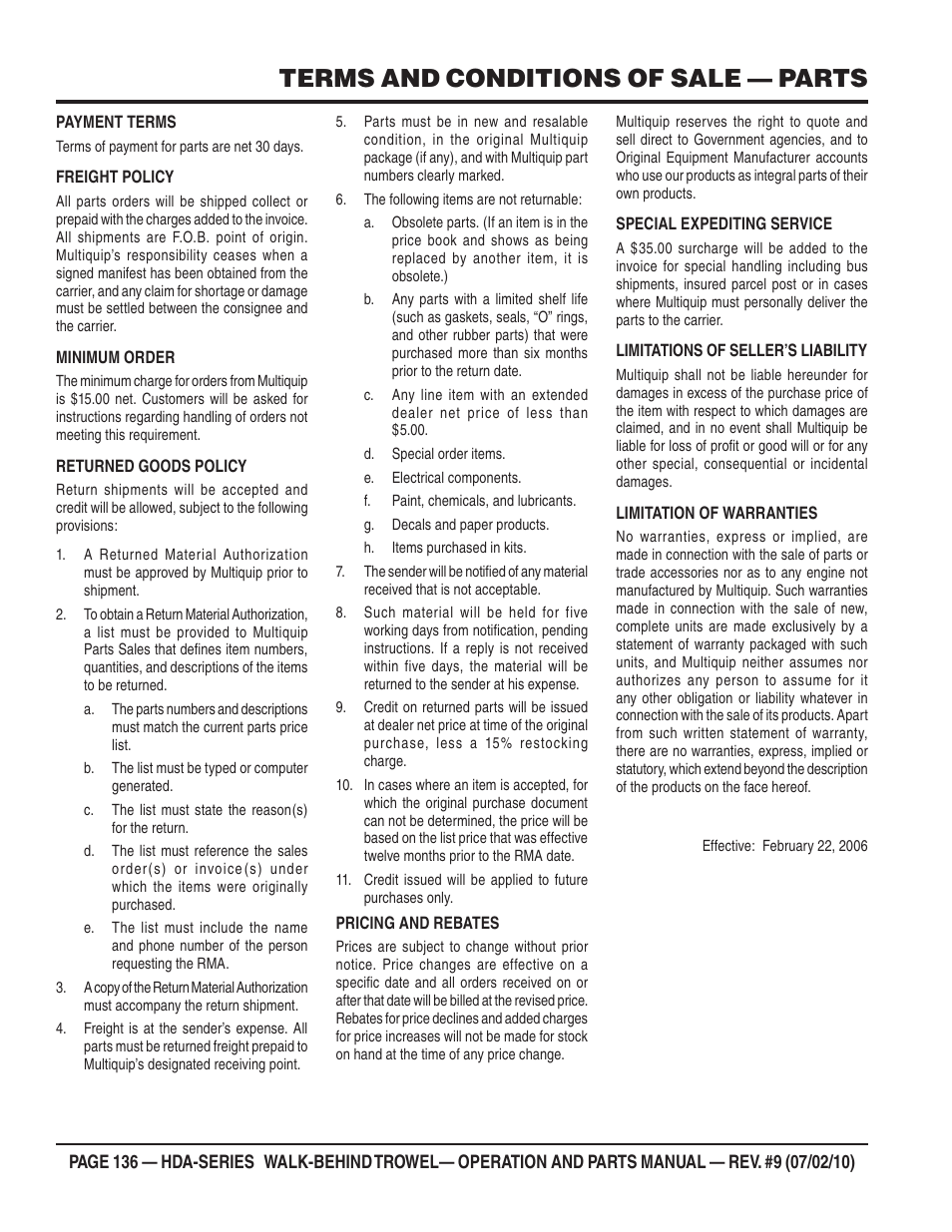 Terms and conditions of sale — parts | Multiquip HDA-SERIES User Manual | Page 136 / 138