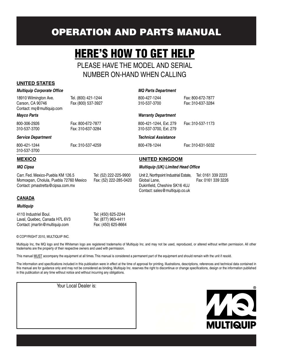 Here’s how to get help, Operation and parts manual | Multiquip HDA-SERIES User Manual | Page 138 / 138