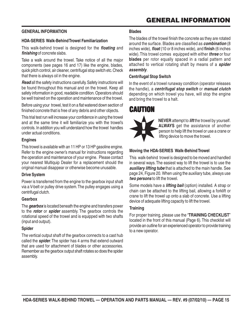 Caution, General information | Multiquip HDA-SERIES User Manual | Page 15 / 138
