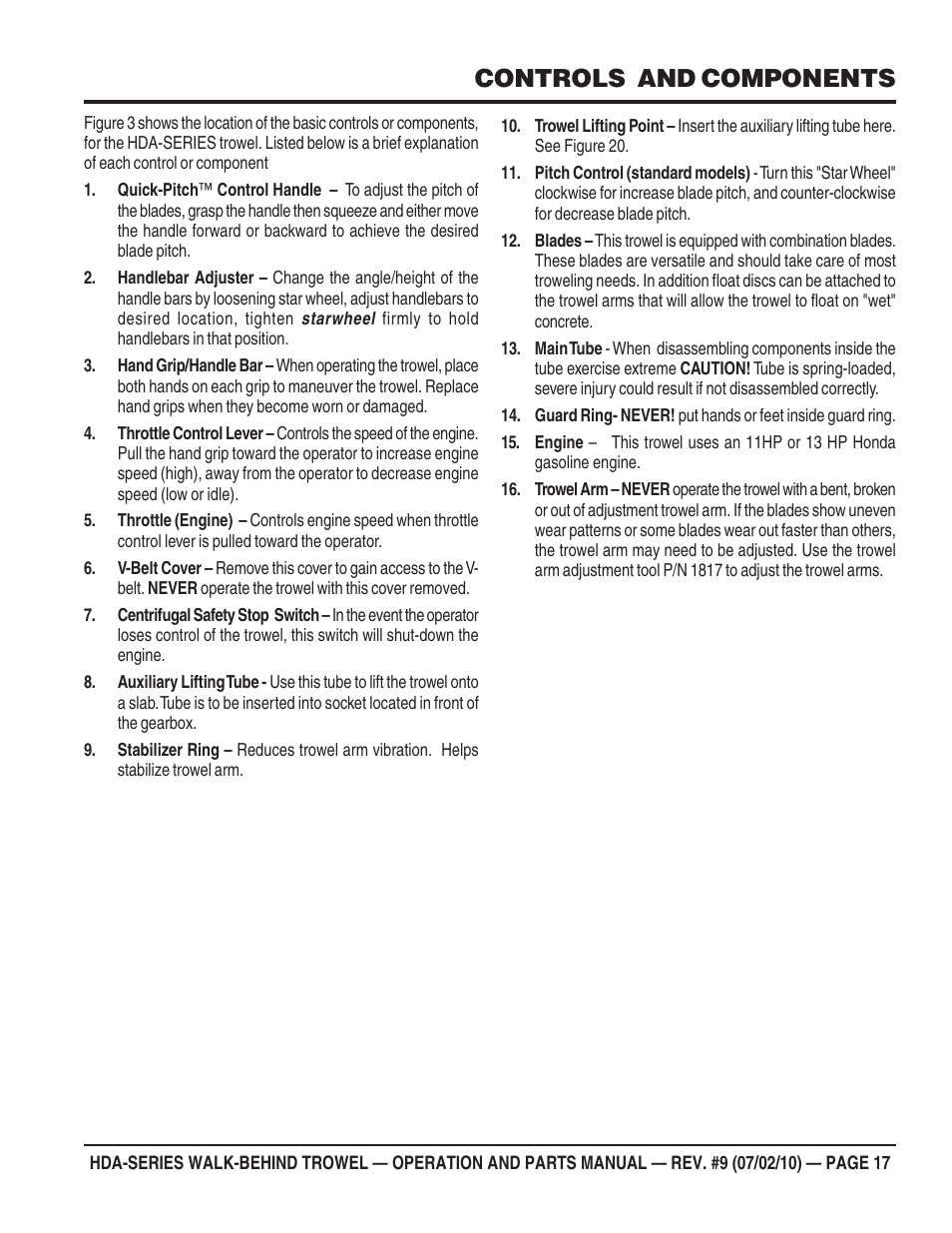 Controls and components | Multiquip HDA-SERIES User Manual | Page 17 / 138