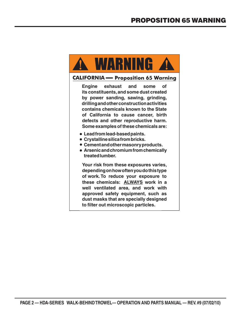 Proposition 65 warning | Multiquip HDA-SERIES User Manual | Page 2 / 138