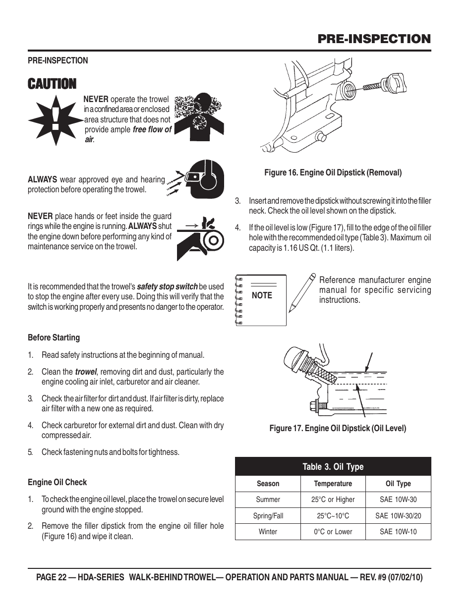 Caution, Pre-inspection | Multiquip HDA-SERIES User Manual | Page 22 / 138