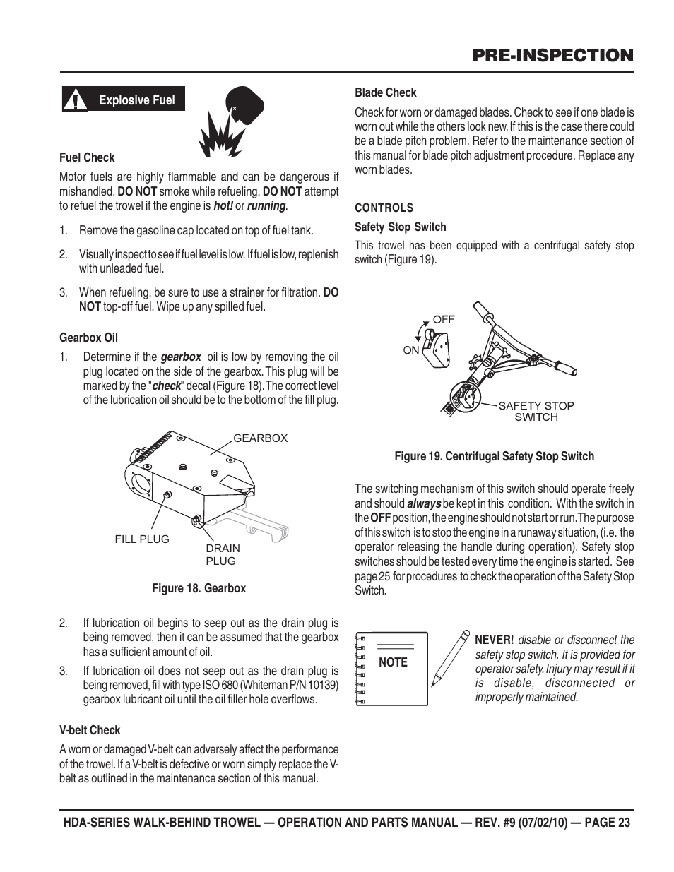 Pre-inspection | Multiquip HDA-SERIES User Manual | Page 23 / 138
