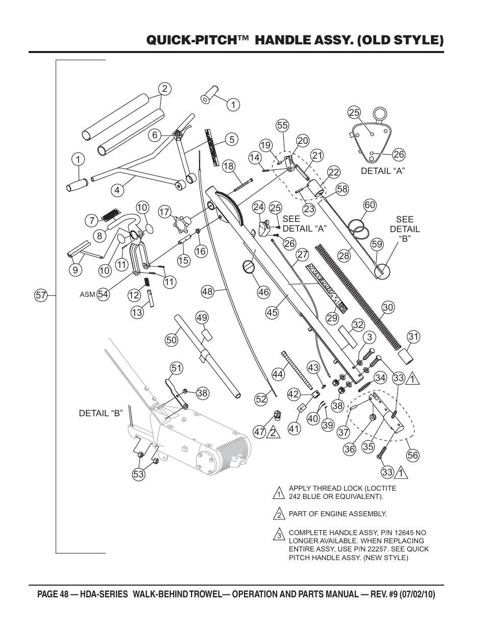 Quick-pitch™ handle assy. (old style) | Multiquip HDA-SERIES User Manual | Page 48 / 138