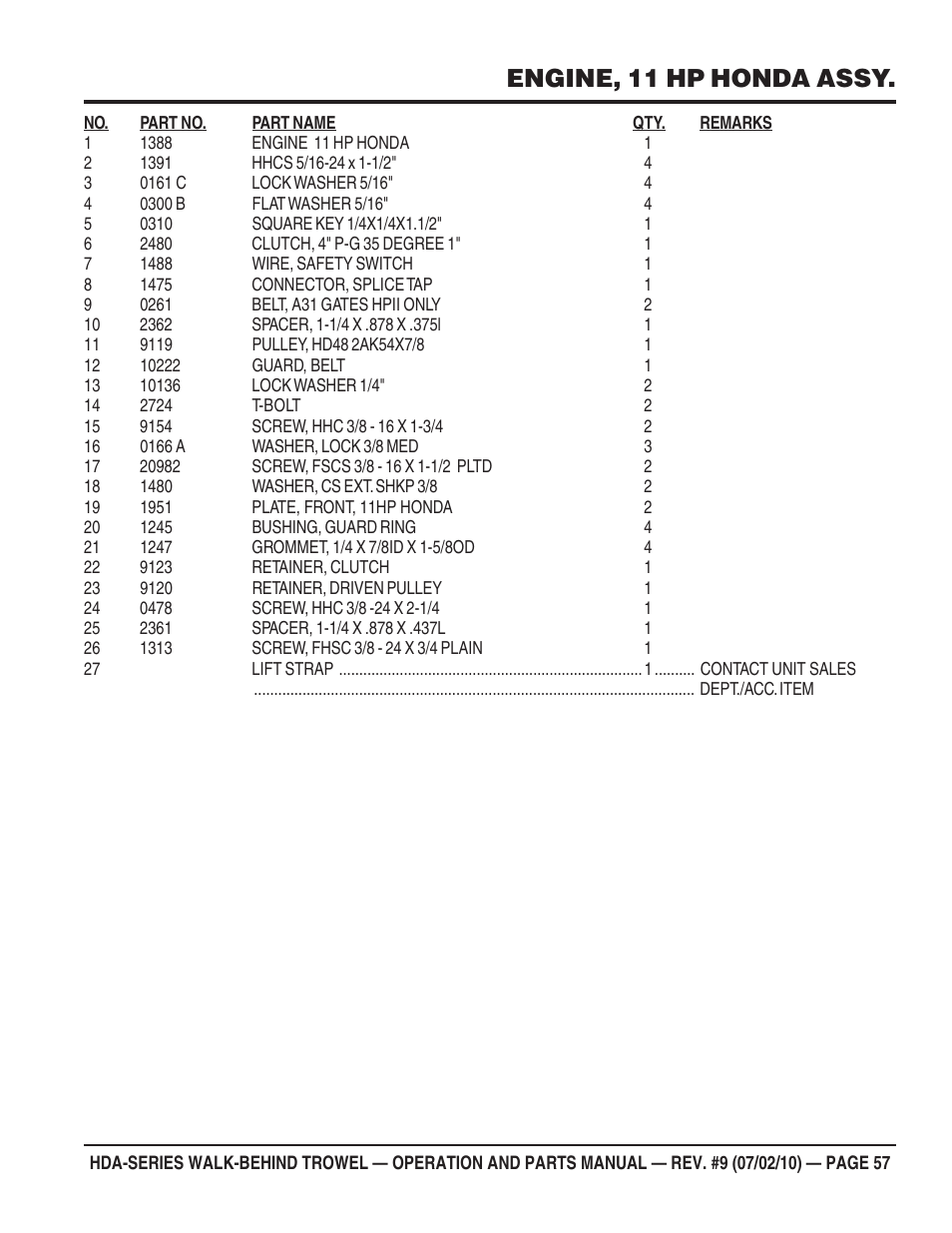 Engine, 11 hp honda assy | Multiquip HDA-SERIES User Manual | Page 57 / 138
