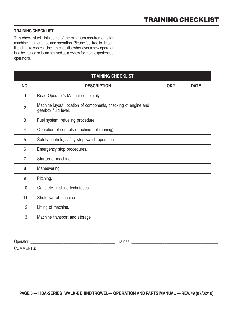 Training checklist | Multiquip HDA-SERIES User Manual | Page 6 / 138