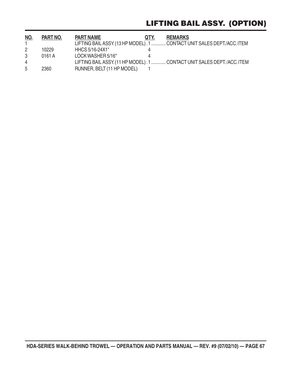 Lifting bail assy. (option) | Multiquip HDA-SERIES User Manual | Page 67 / 138