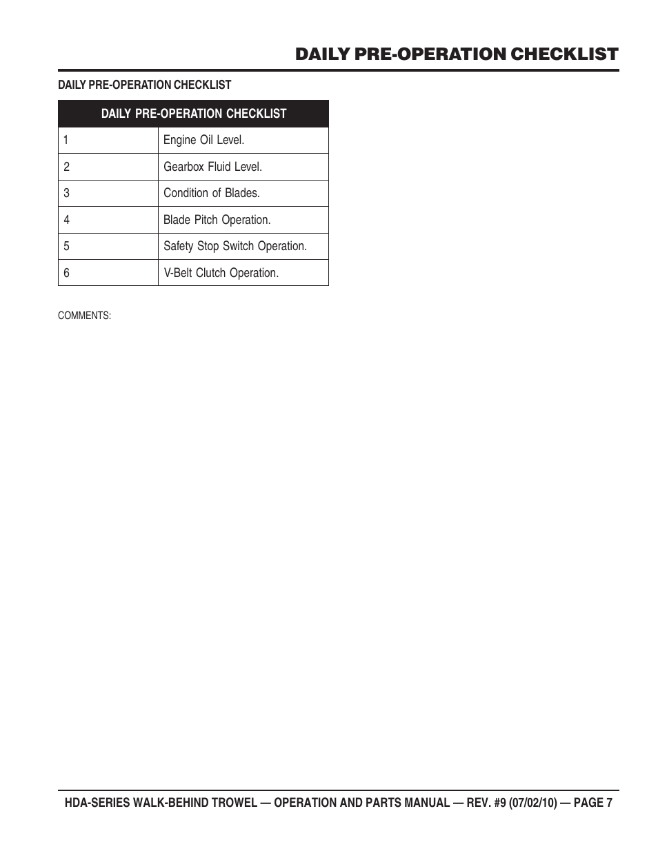Daily pre-operation checklist | Multiquip HDA-SERIES User Manual | Page 7 / 138