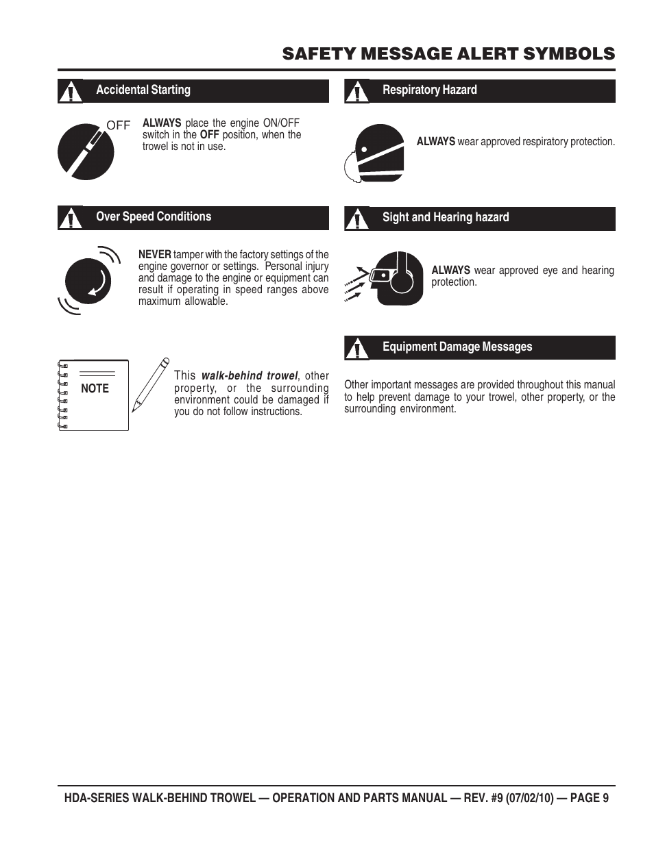 Safety message alert symbols | Multiquip HDA-SERIES User Manual | Page 9 / 138